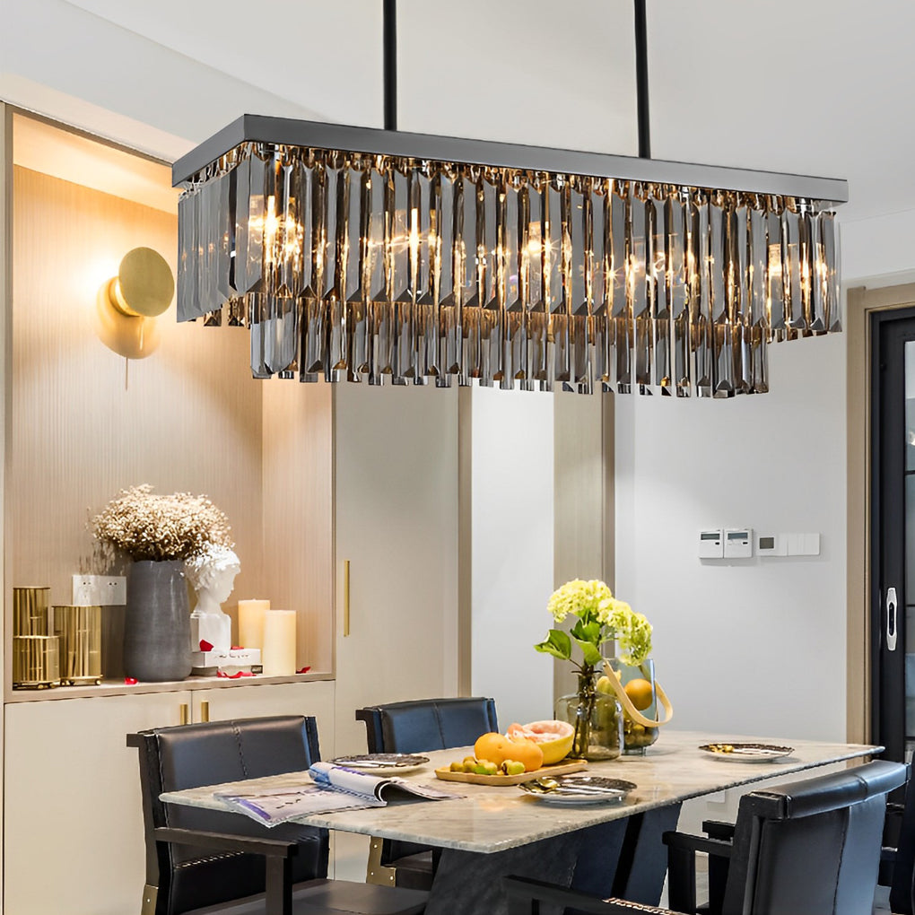 Smoke Gray Crystal Linear Chandelier, Modern Rectangular Island Light