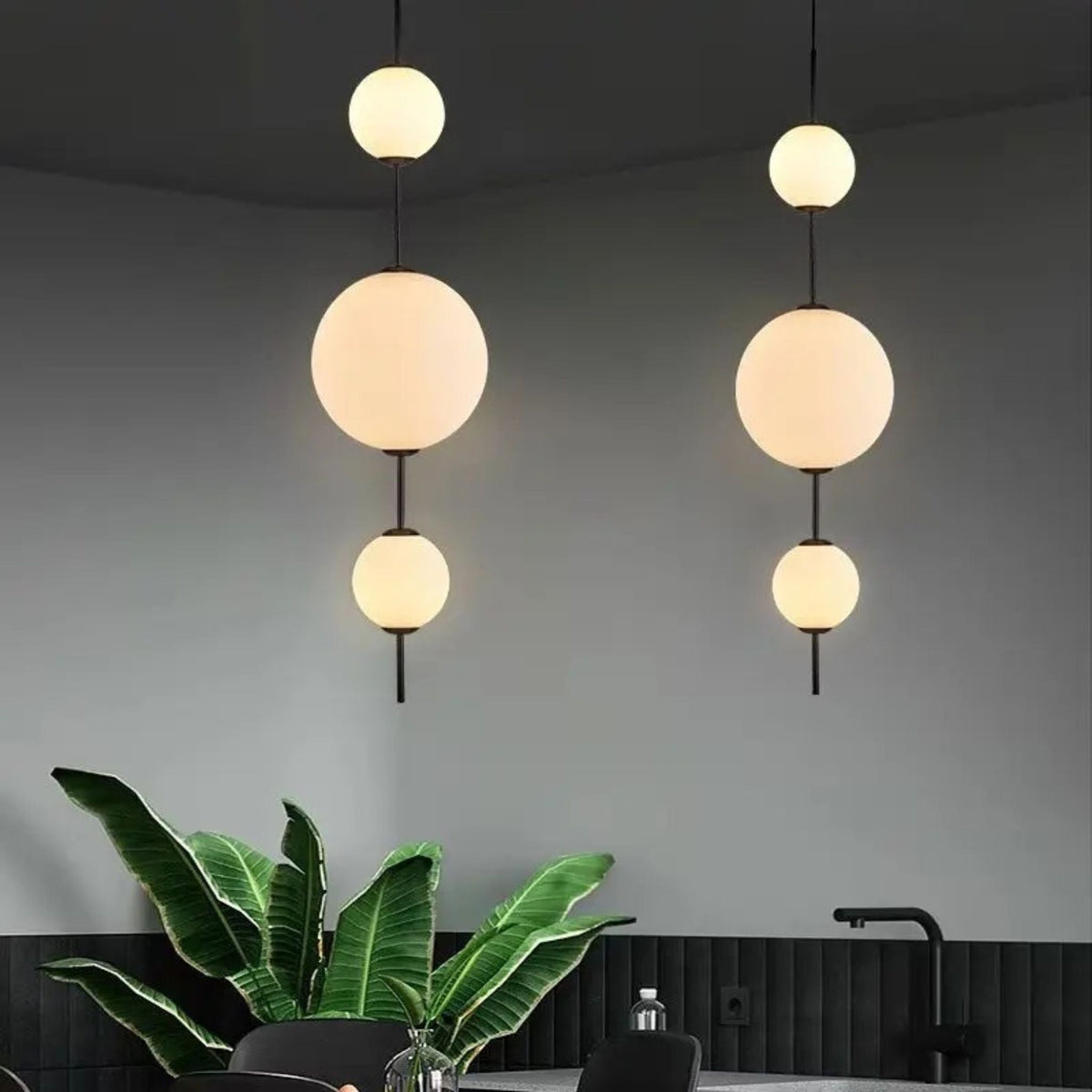 Frosted White Glass Globe Totem Pendant, Stacked Spheres
