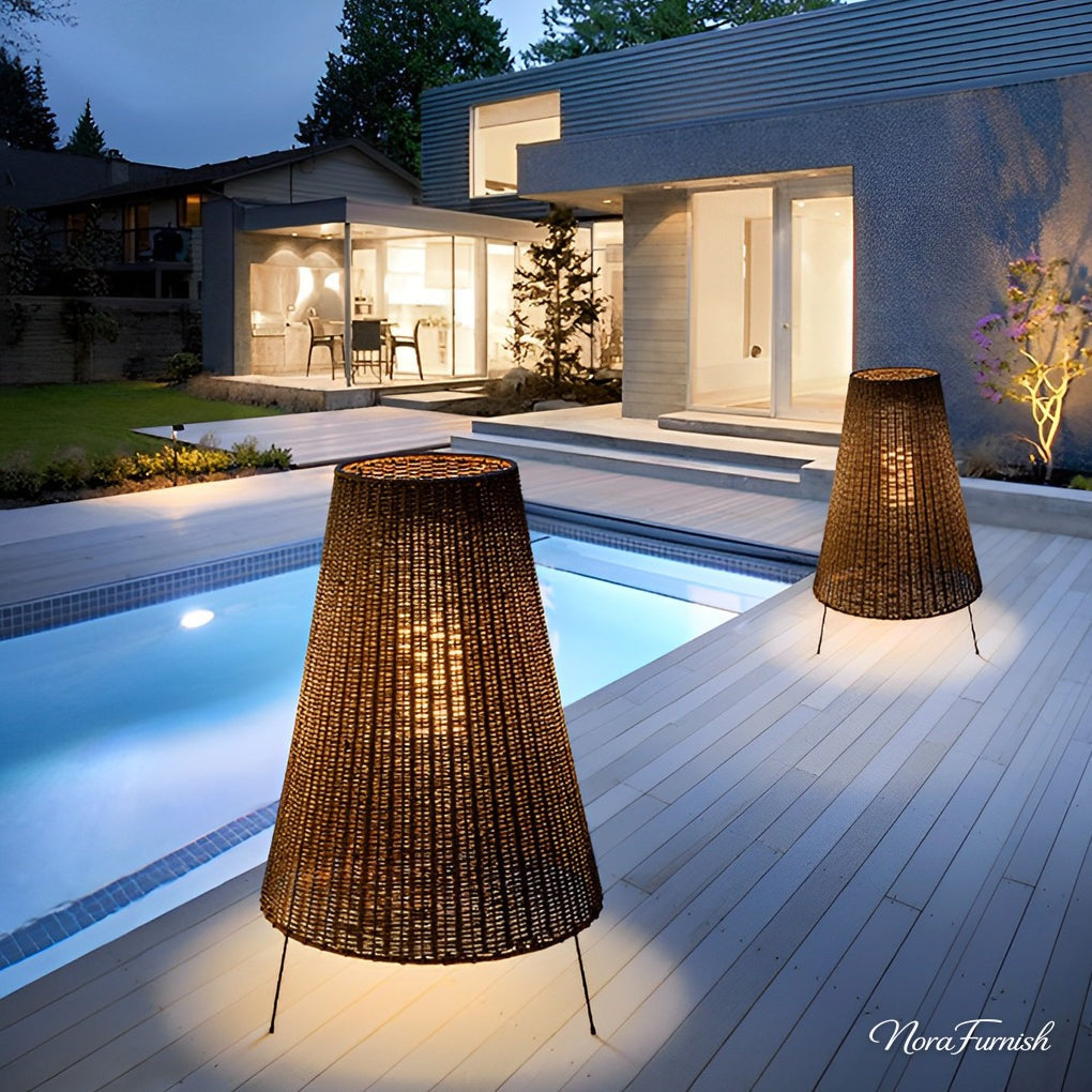 Woven Rattan Tripod Floor Lamp, Iron Frame Outdoor Patio Light