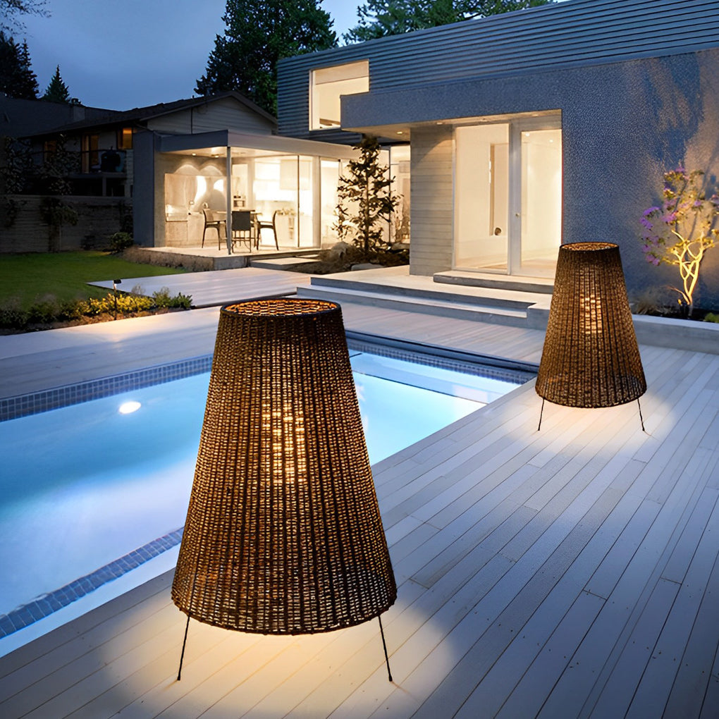 Woven Rattan Tripod Floor Lamp, Iron Frame Outdoor Patio Light