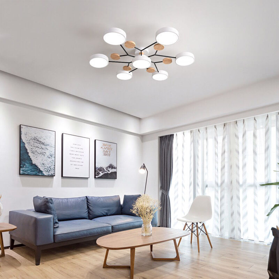 Orbit Disc Semi Flush Chandelier, Wood Accent Metal Ceiling Light 6