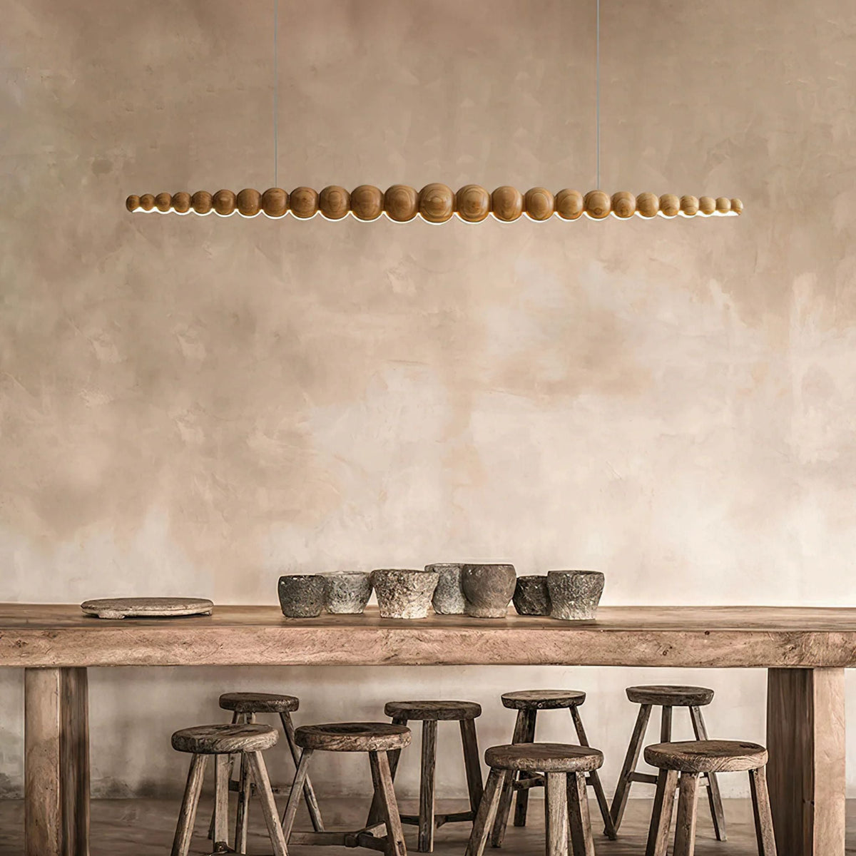Light Wood Bead Linear LED Pendant, Scandinavian Island