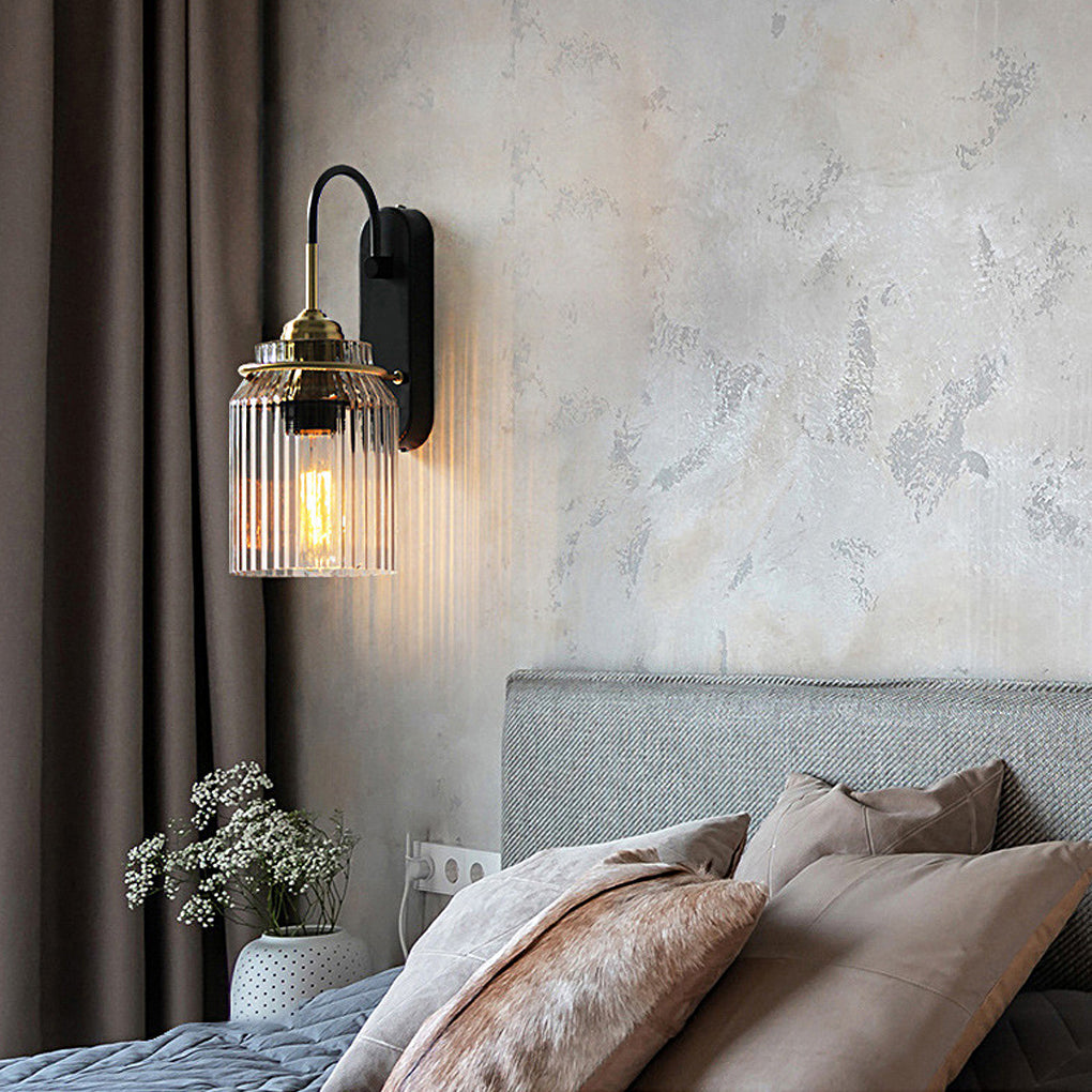Ribbed Glass Jar Wall Sconce, Gold and Black Wall Light