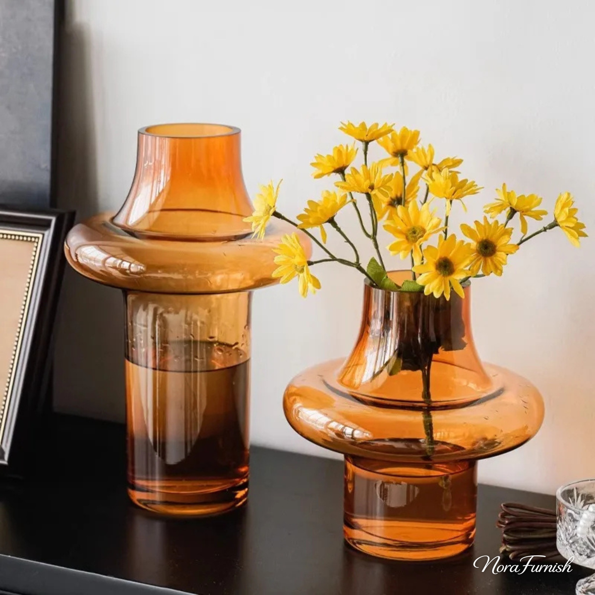 Amber Glass Ring Vase, Sculptural Geometric Tabletop Vase