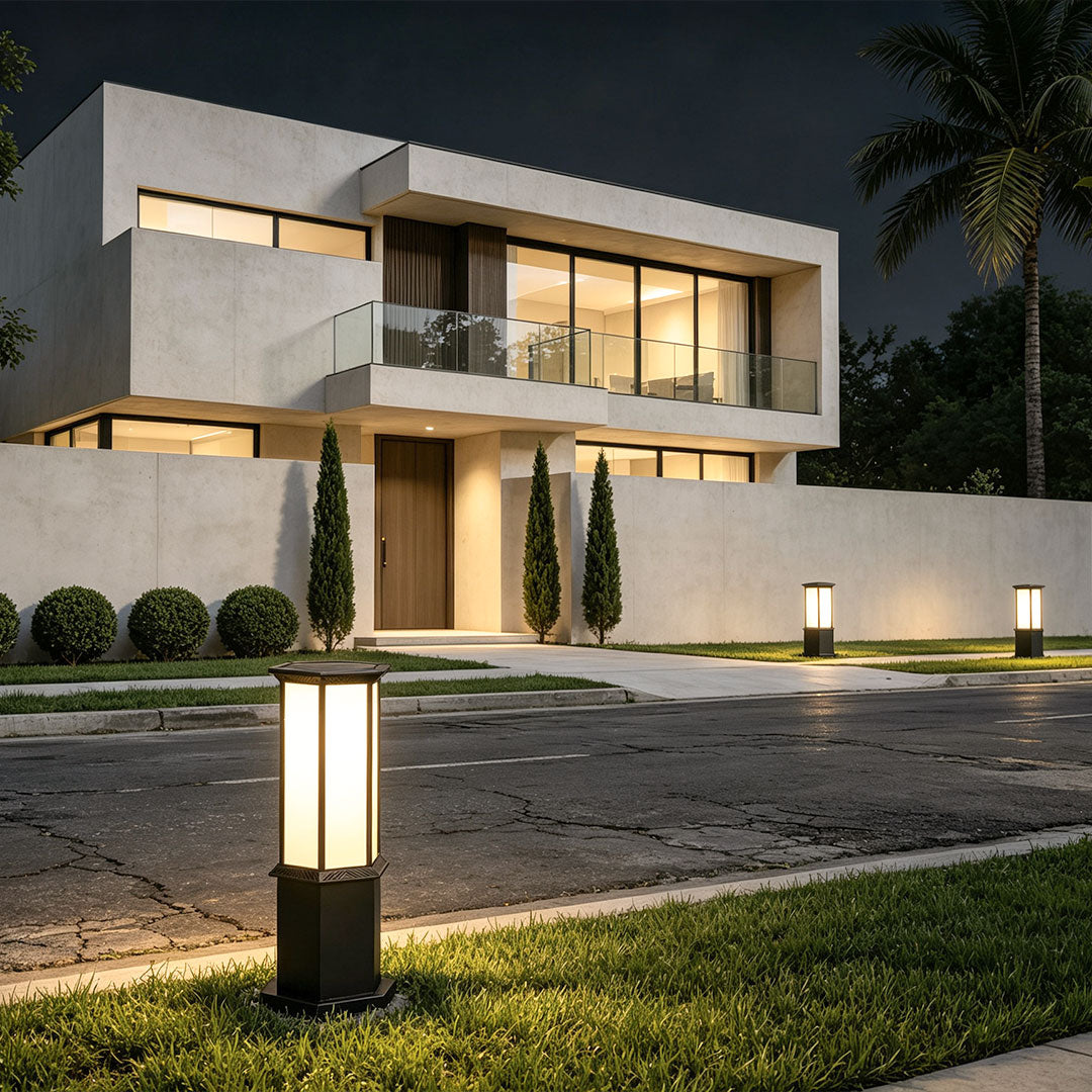 Column Solar Bollard Light, Black Aluminum Landscape Path Light