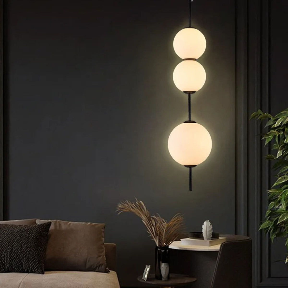 Frosted White Glass Globe Totem Pendant, Stacked Spheres