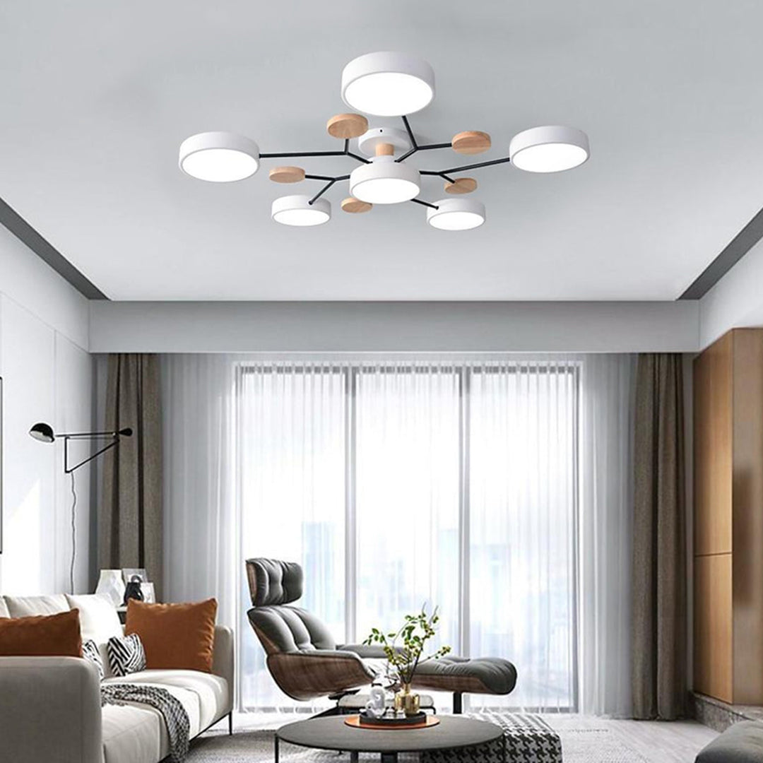 Orbit Disc Semi Flush Chandelier, Wood Accent Metal Ceiling Light 2