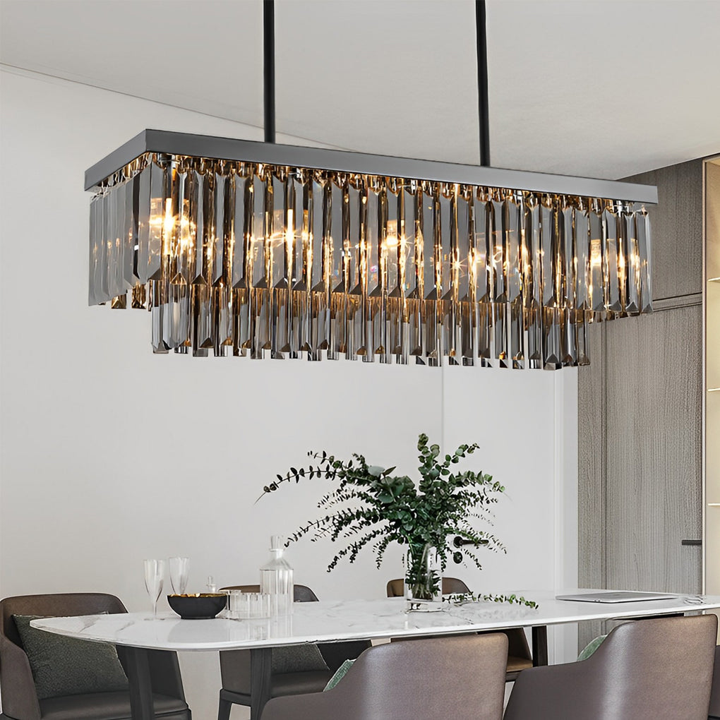 Smoke Gray Crystal Linear Chandelier, Modern Rectangular Island Light 3