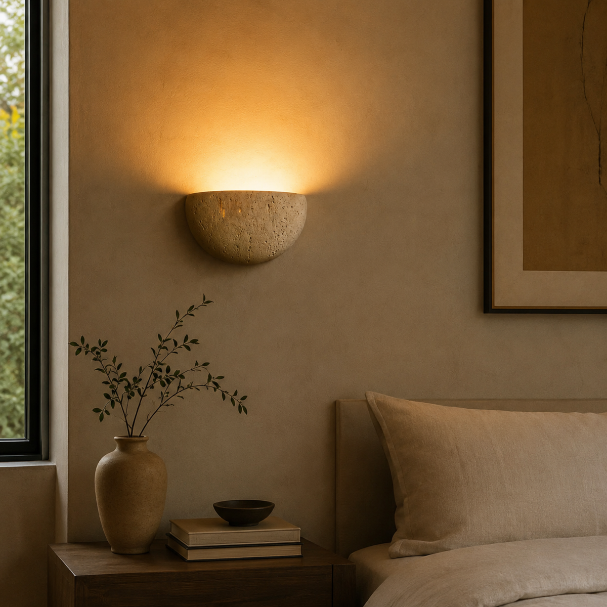 Natural Travertine Stone Wall Sconce, Wabi Sabi Light