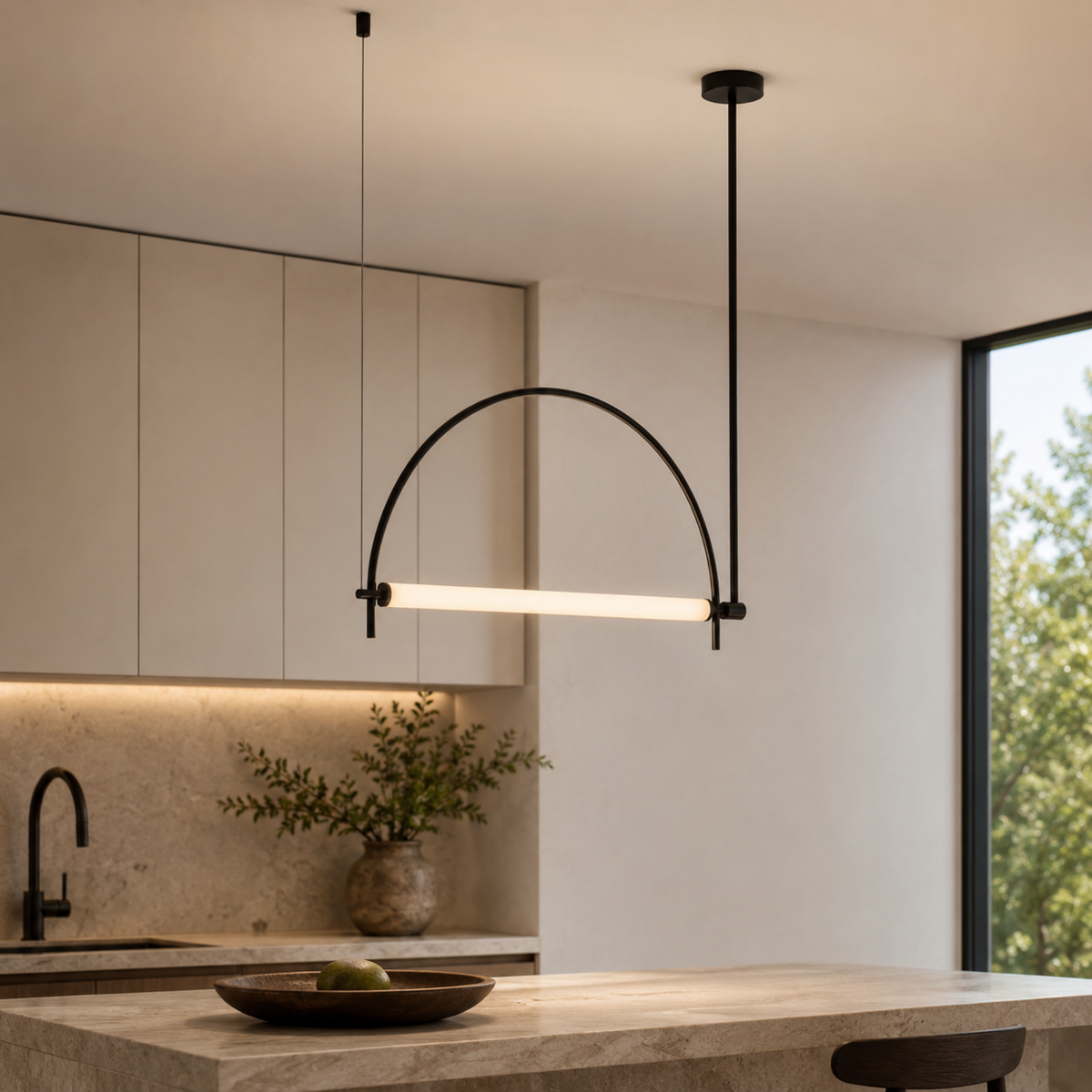 Black Arc Linear LED Pendant, Curved Sculptural Light