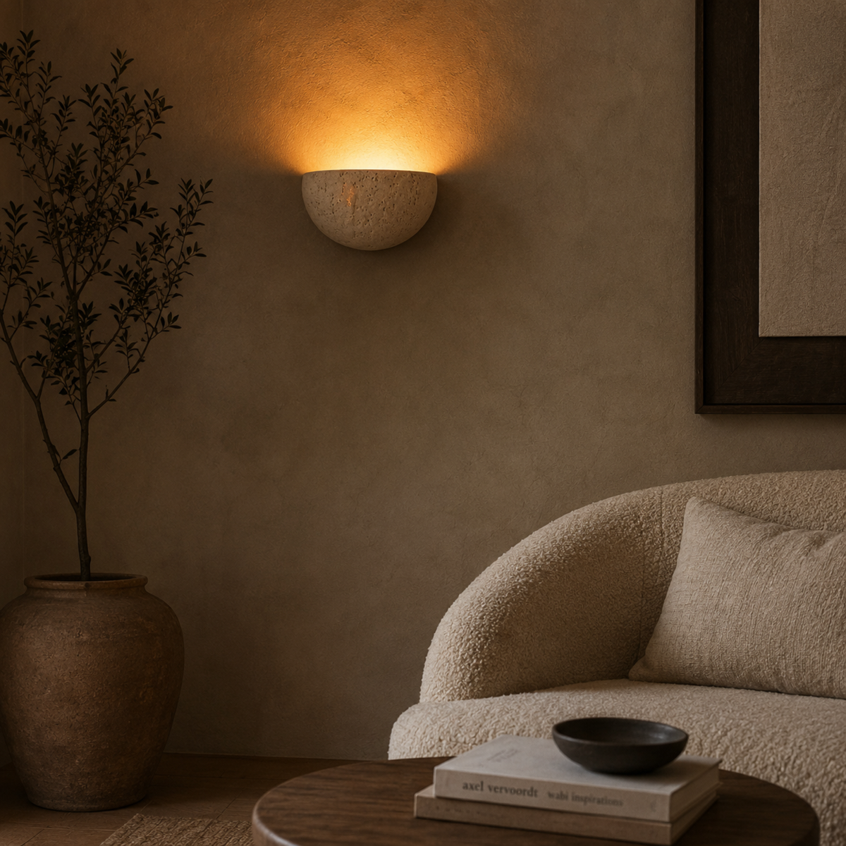 Natural Travertine Stone Wall Sconce, Wabi Sabi Light