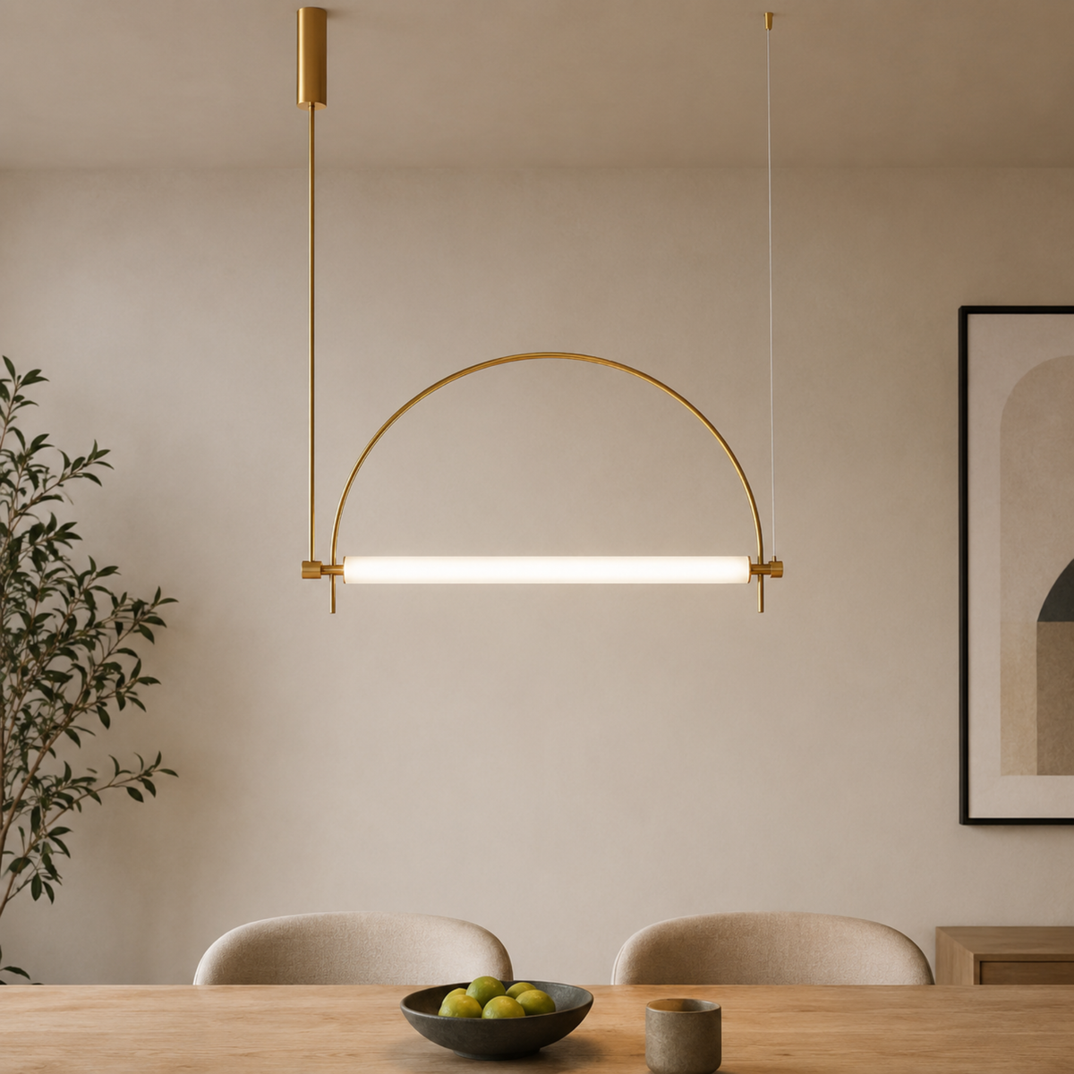 Gold Arc Linear LED Pendant, Curved Sculptural Light