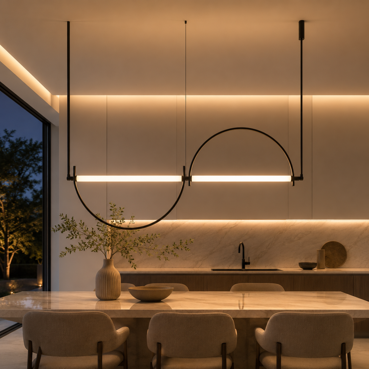 Black Loop Linear LED Pendant, Extra Long Sculptural Light