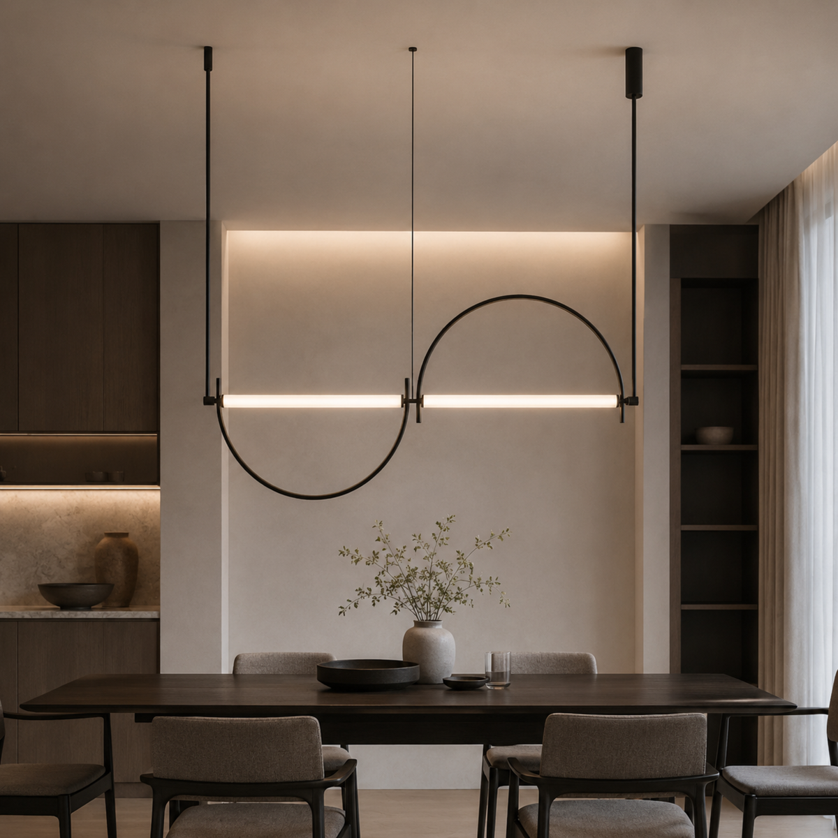 Black Loop Linear LED Pendant, Extra Long Sculptural Light