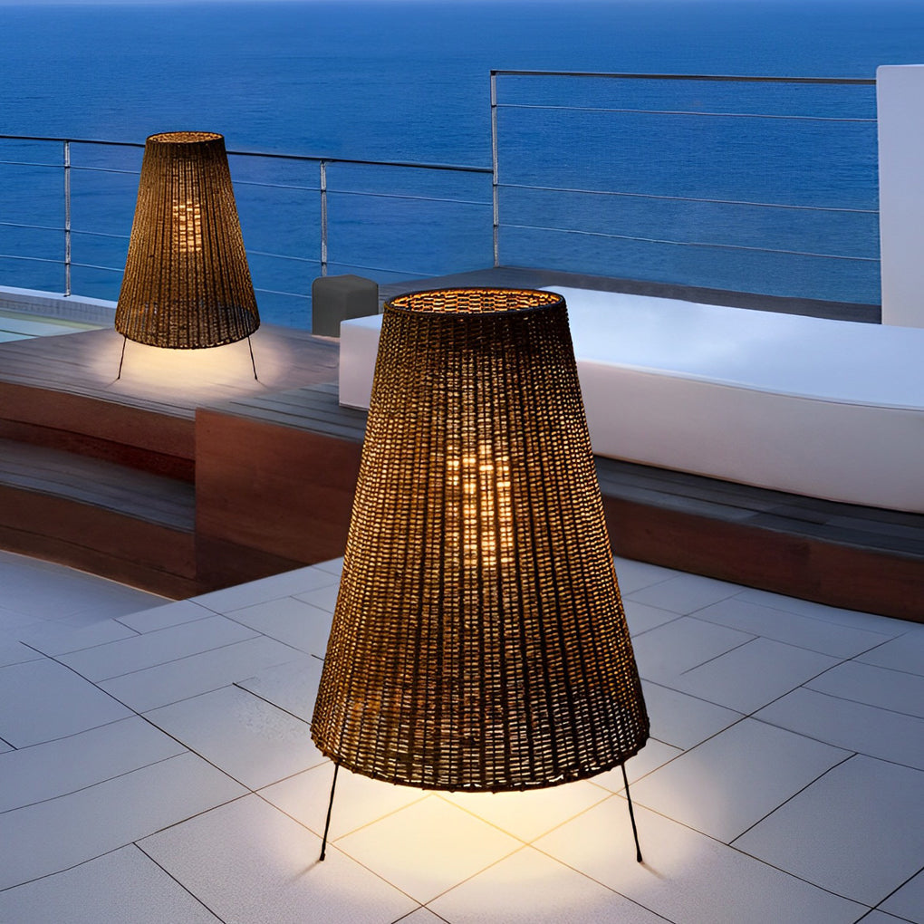 Woven Rattan Tripod Floor Lamp, Iron Frame Outdoor Patio Light