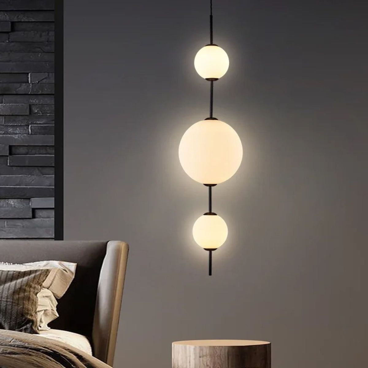Frosted White Glass Globe Totem Pendant, Stacked Spheres