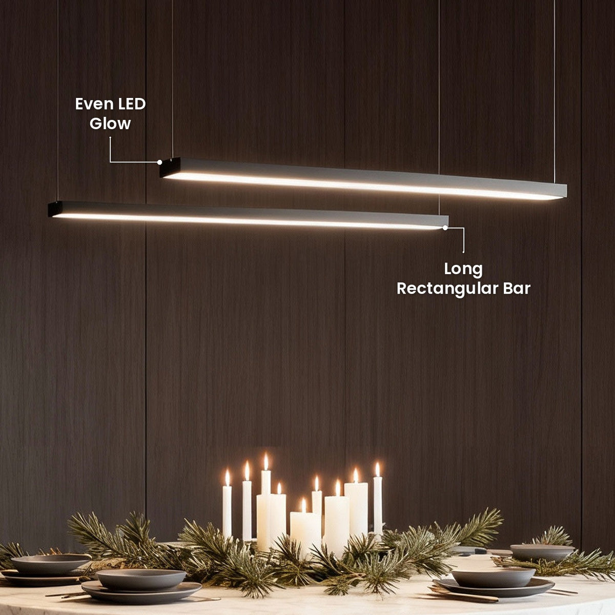 Commercial Linear Pendant Light: Long Rectangular Bar, Even LED Glow