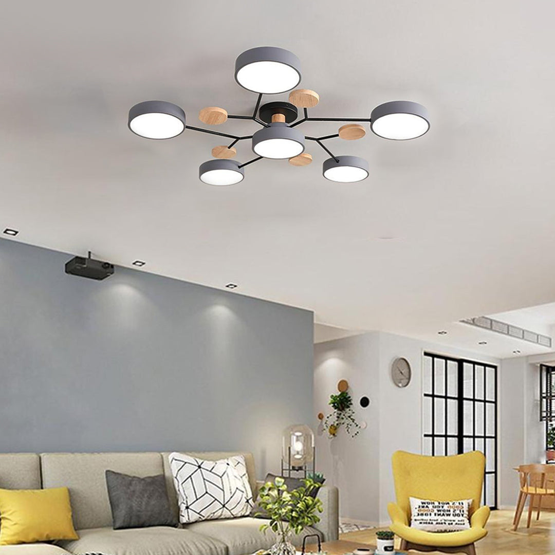 Orbit Disc Semi Flush Chandelier, Wood Accent Metal Ceiling Light 8