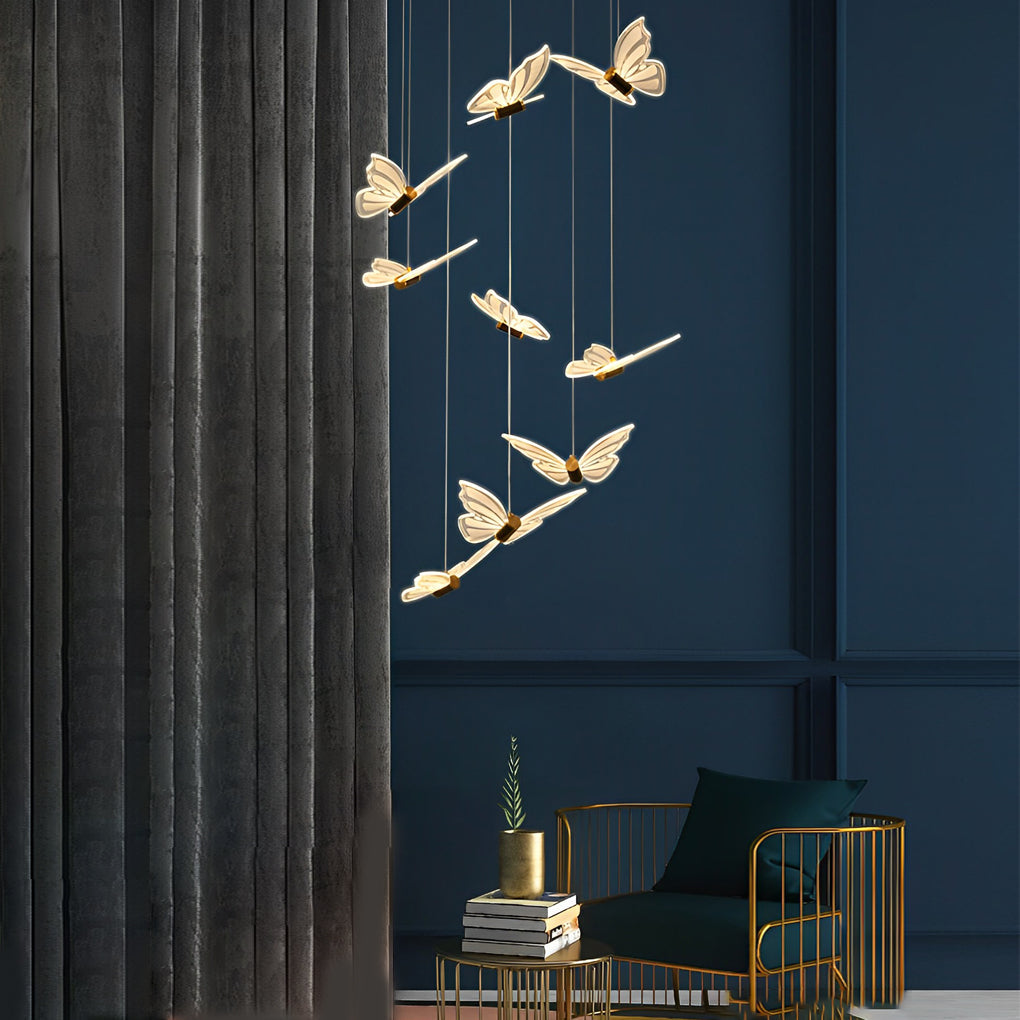 Butterfly Flight Staircase Chandelier, Black and Gold Long Drop Light 2