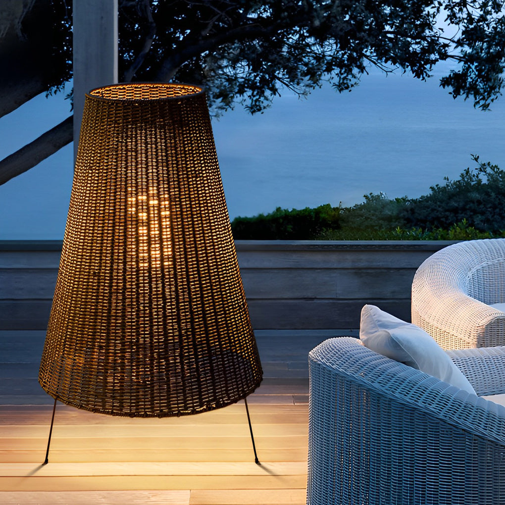 Woven Rattan Tripod Floor Lamp, Iron Frame Outdoor Patio Light