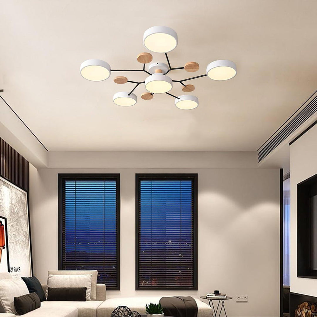 Orbit Disc Semi Flush Chandelier, Wood Accent Metal Ceiling Light 9