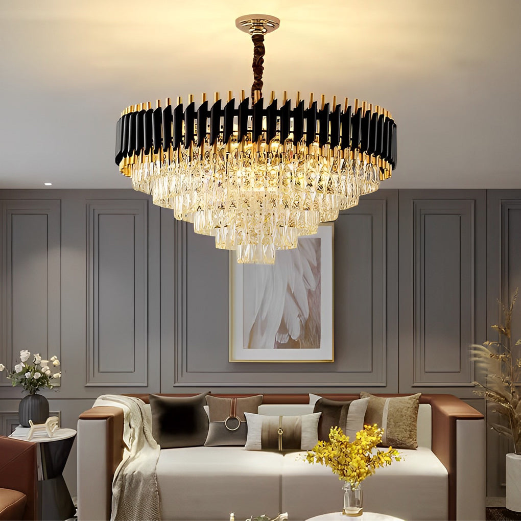 Fluted Crown Crystal Chandelier, Tiered Iron Ceiling Light