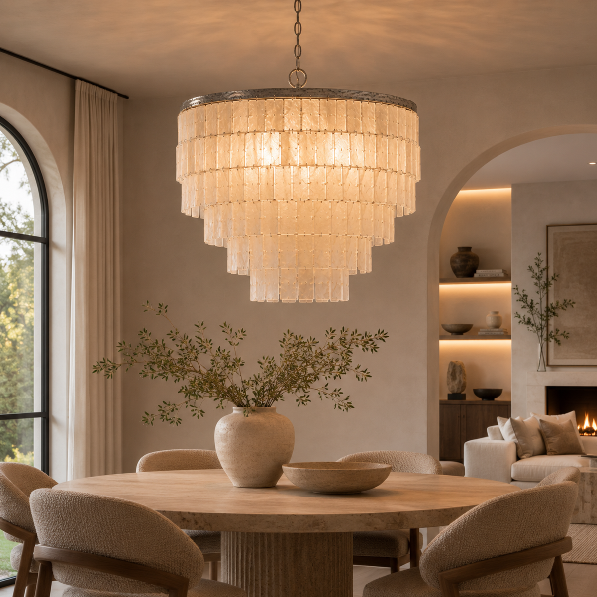 Natural Shell Tiered Chandelier, Coastal Round Pendant