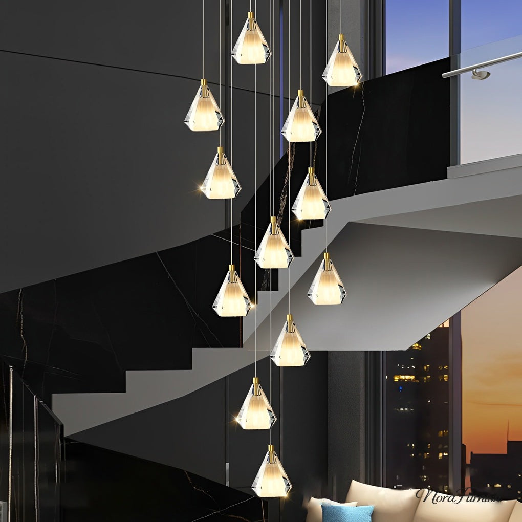 Faceted Crystal Cone Staircase Chandelier, Brass Long Drop Light 3