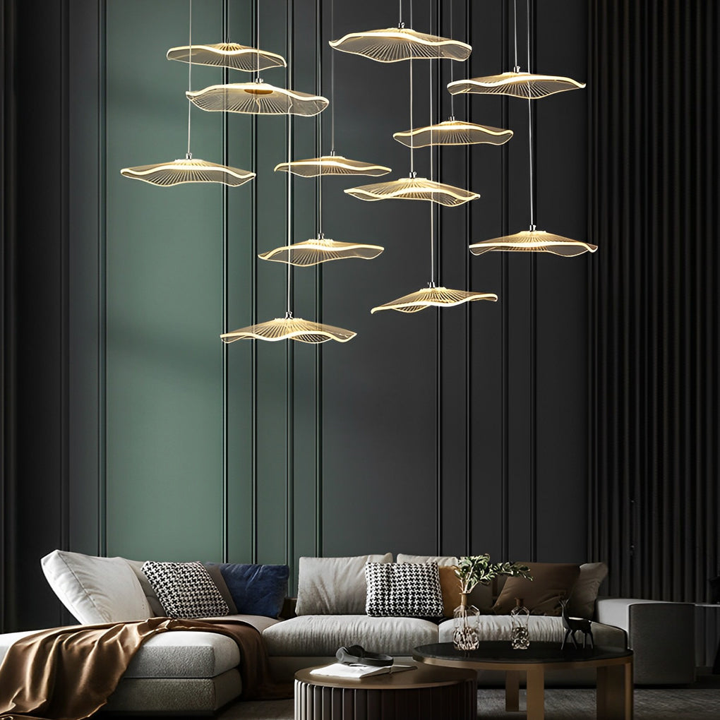 Lotus Leaf Acrylic Staircase Chandelier, Gold Iron Long Drop Light 3