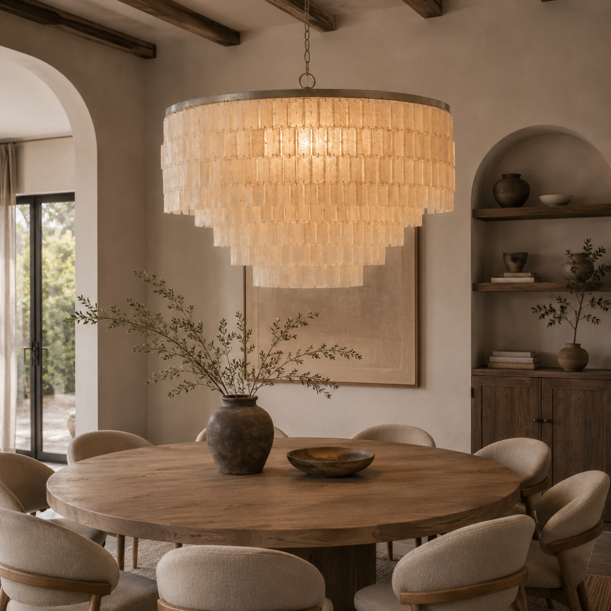 Natural Shell Tiered Chandelier, Coastal Round Pendant