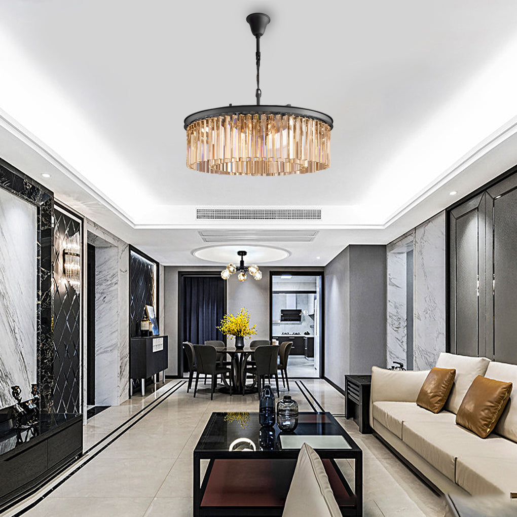 Prism Rod K9 Crystal Ring Chandelier, Black Metal Ceiling Light