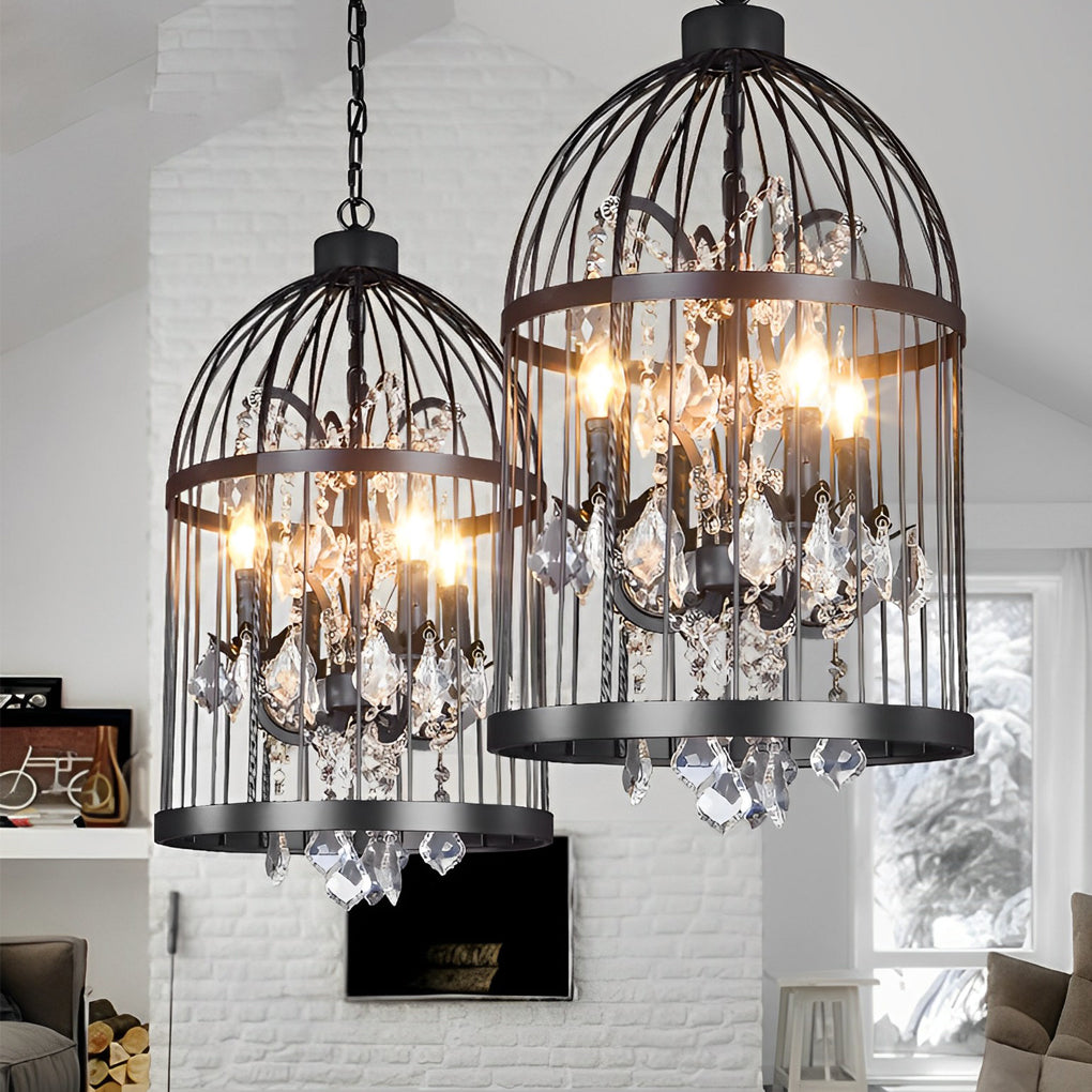 Birdcage Candle Chandelier with Crystals, Rustic Iron Ceiling Light