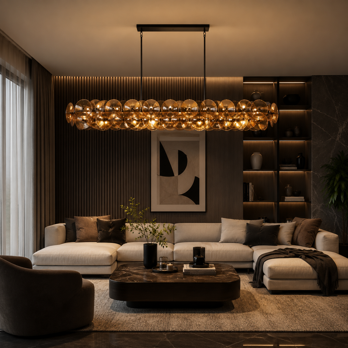 Amber Glass Disc Linear Chandelier, 12 Light Statement