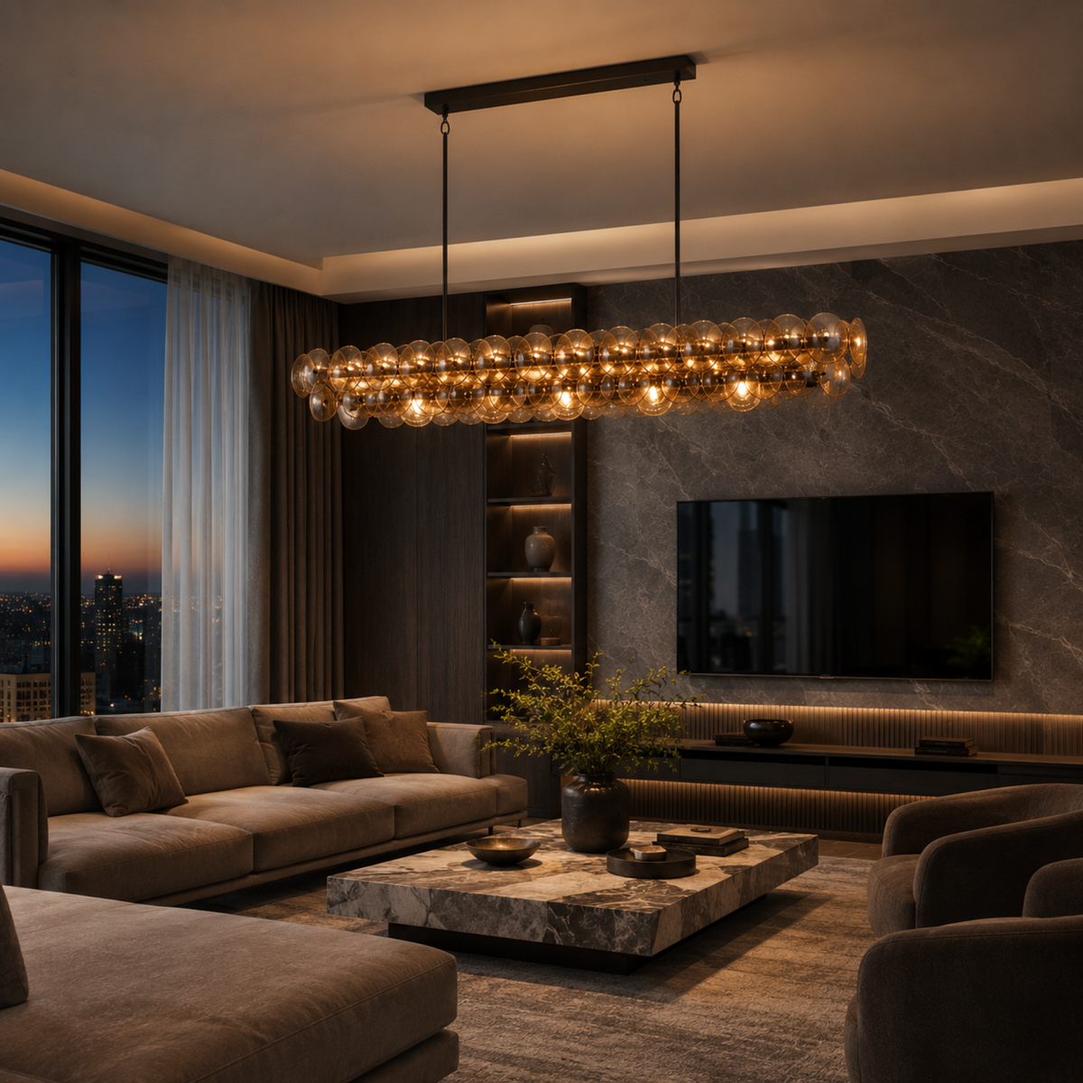 Amber Glass Disc Linear Chandelier, 12 Light Statement