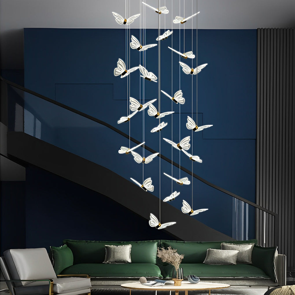 Butterfly Flight Staircase Chandelier, Black and Gold Long Drop Light 5