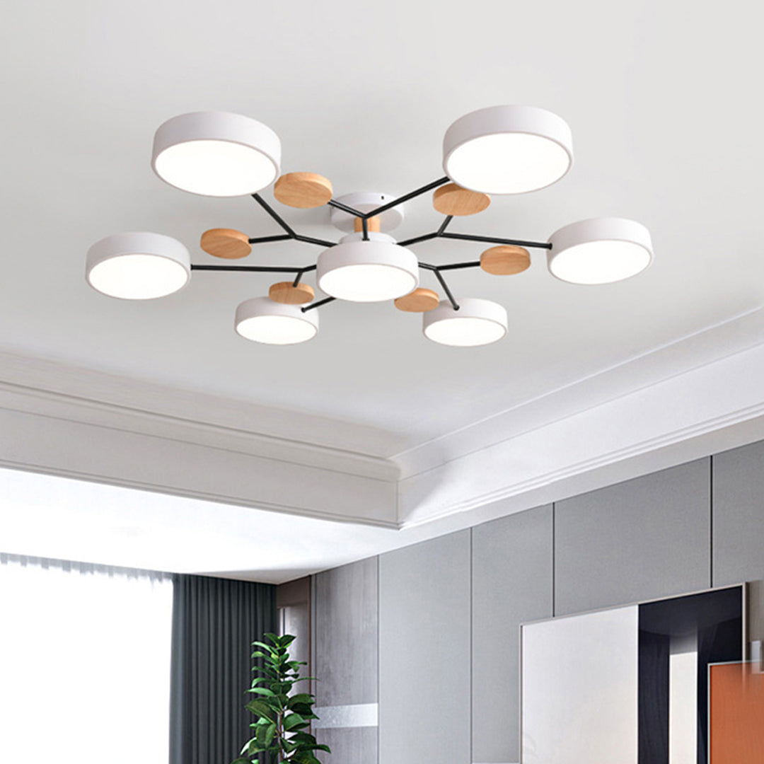 Orbit Disc Semi Flush Chandelier, Wood Accent Metal Ceiling Light 10