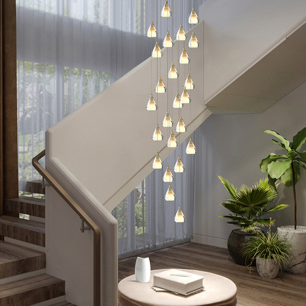 Faceted Crystal Cone Staircase Chandelier, Brass Long Drop Light