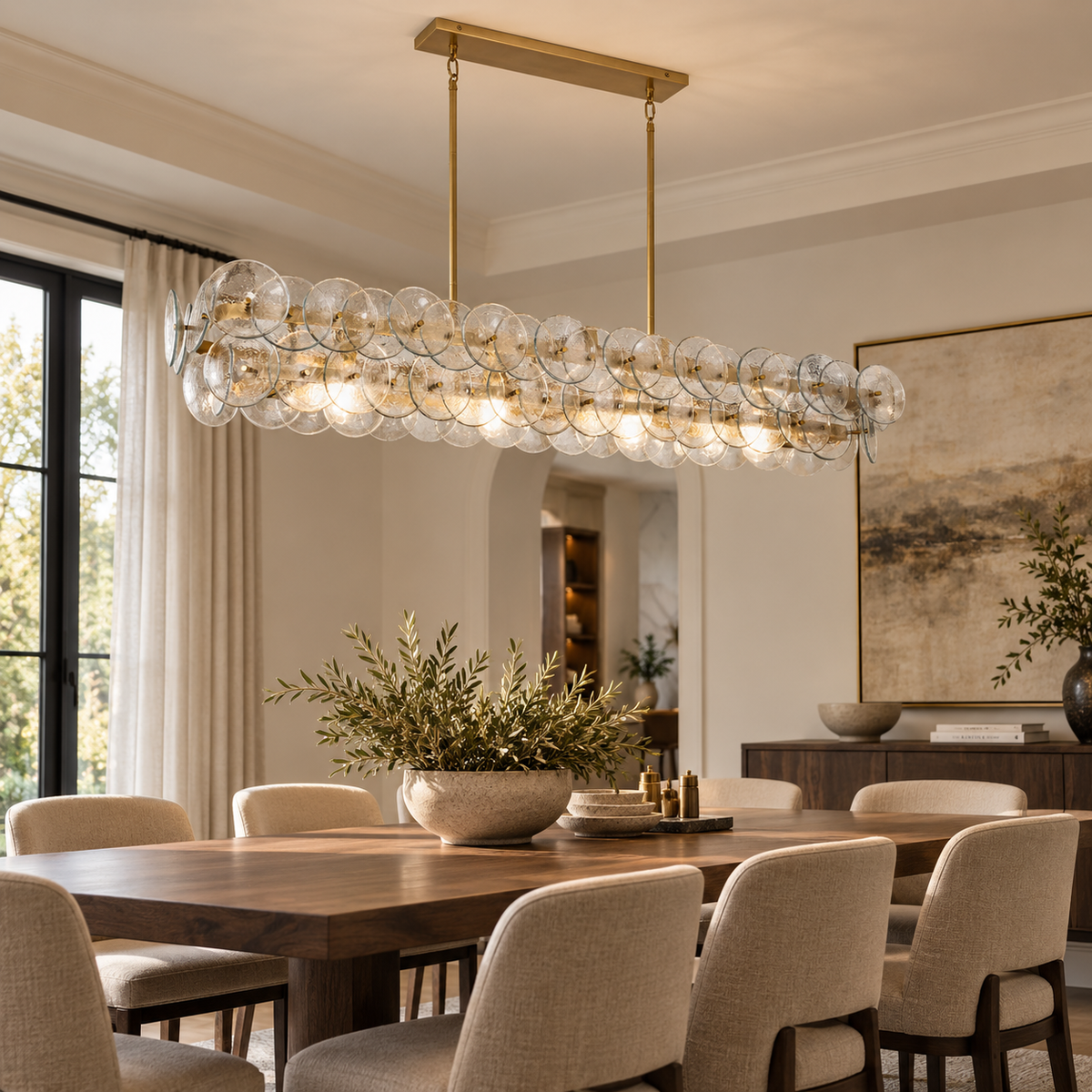 Clear Glass Disc Linear Chandelier, 12 Light Gold Frame