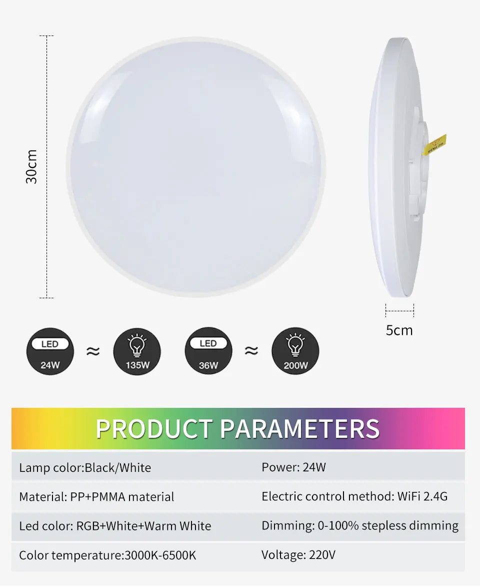 Smart WiFi Ceiling Light 24W 220V RGB Circular Ambient Lamp APP Control