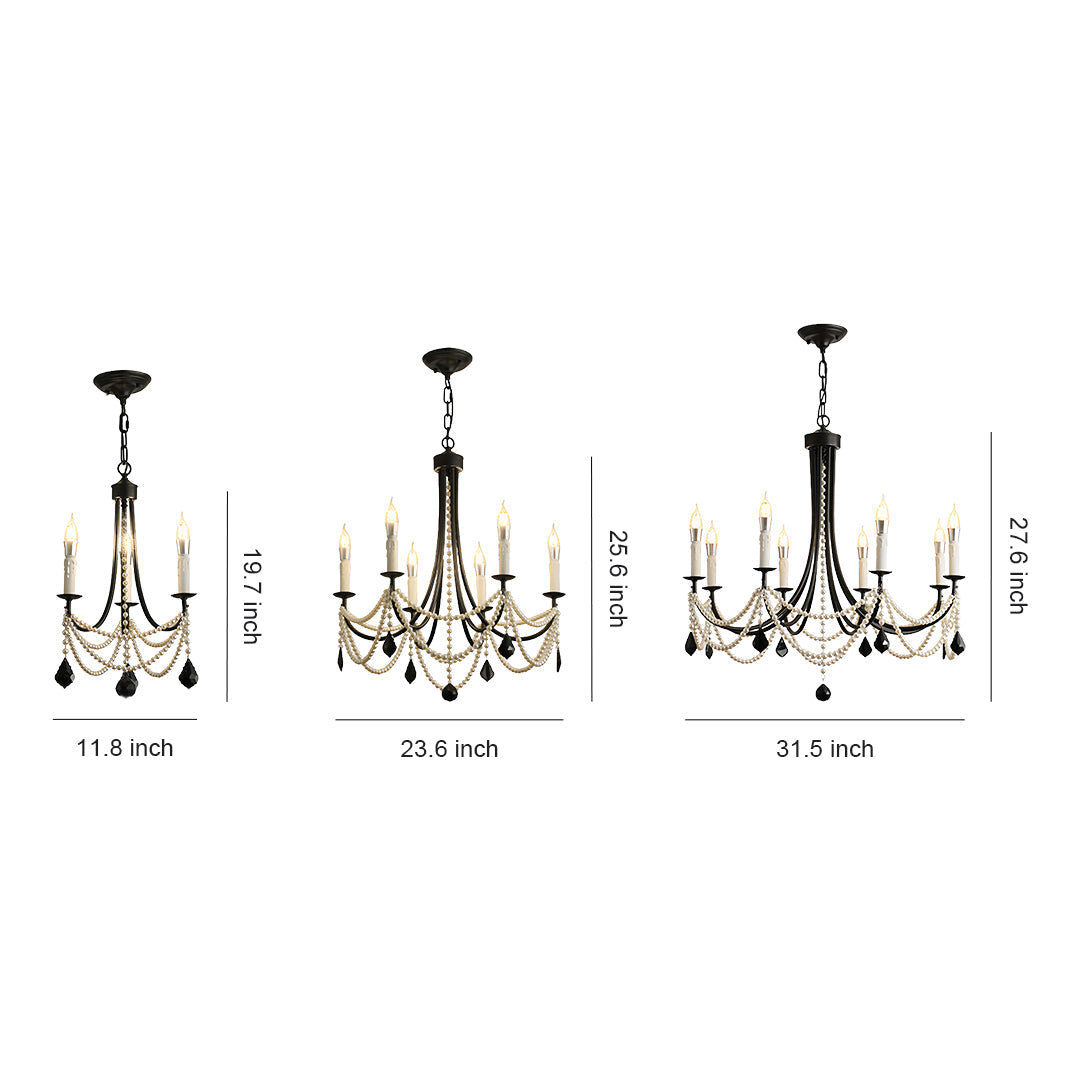 Pearl Strand Candle Chandelier, Black Iron Vintage Ceiling Light 14