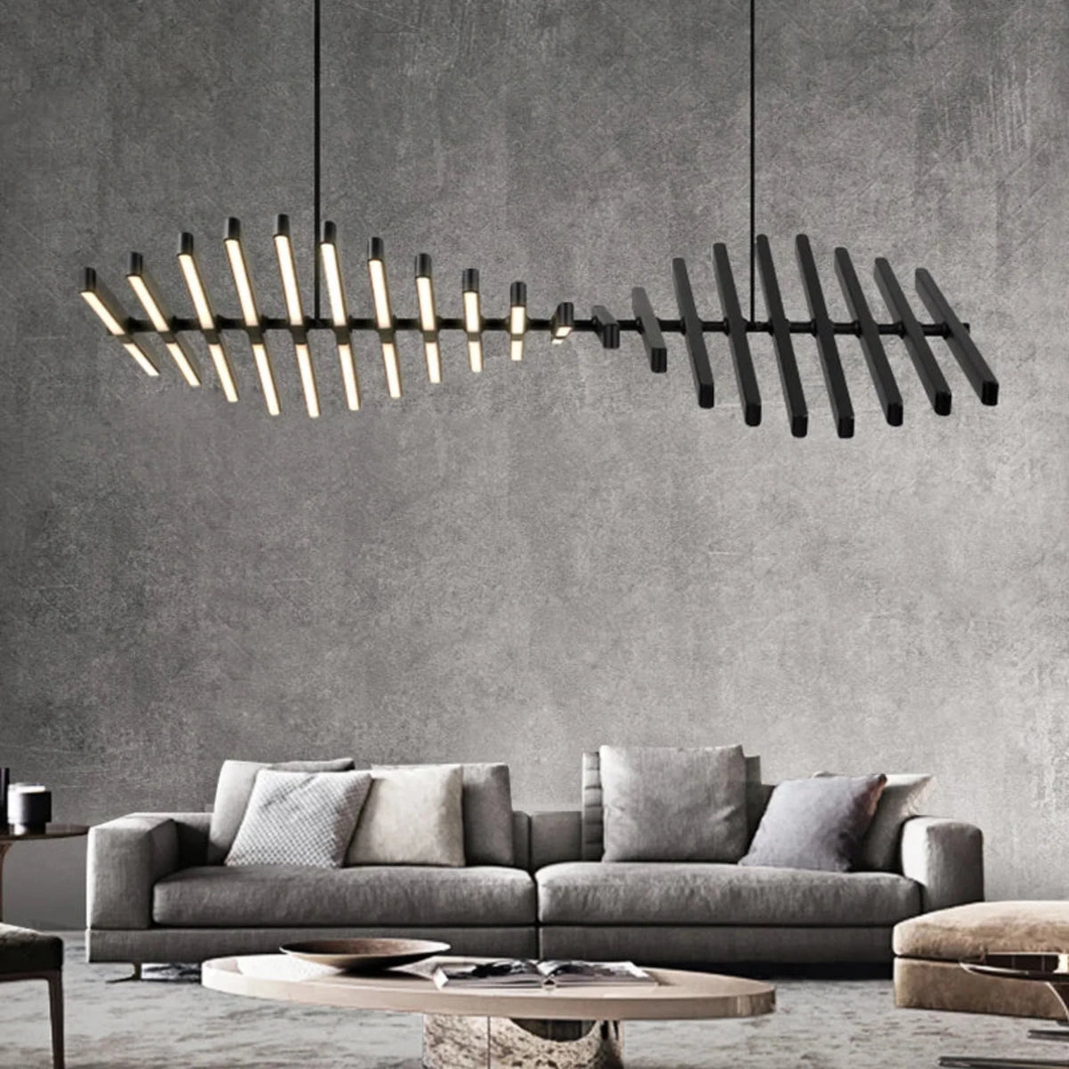 Black Rotating Bar LED Chandelier, Sculptural Linear