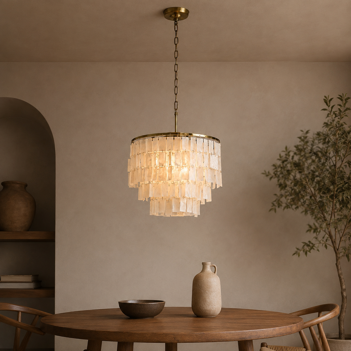 Natural Shell Tiered Chandelier, Coastal Round Pendant