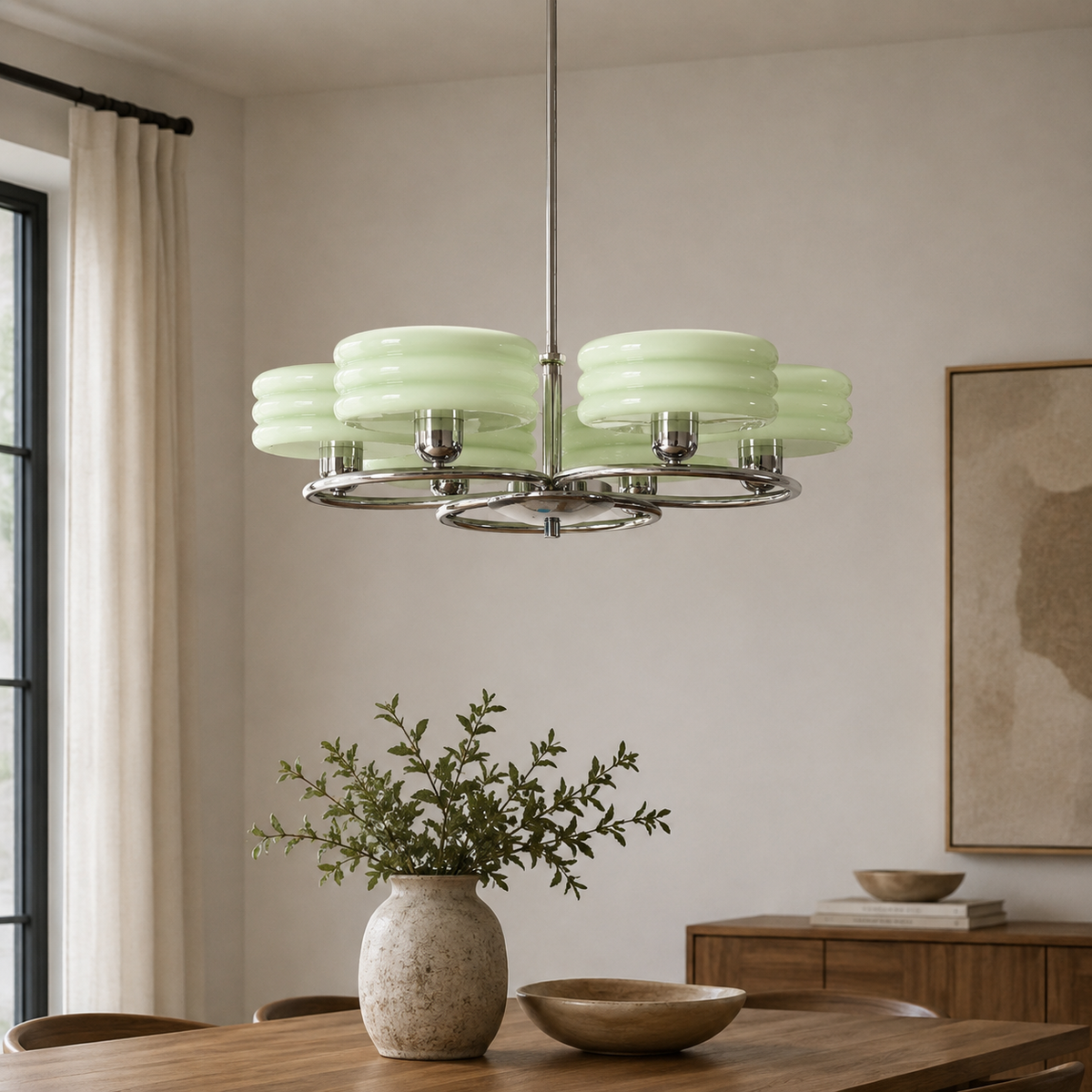 French Retro Glass Shade Chandelier, 6 Light Round