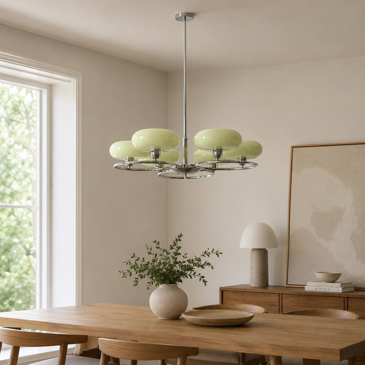French Retro Glass Shade Chandelier, 6 Light Round