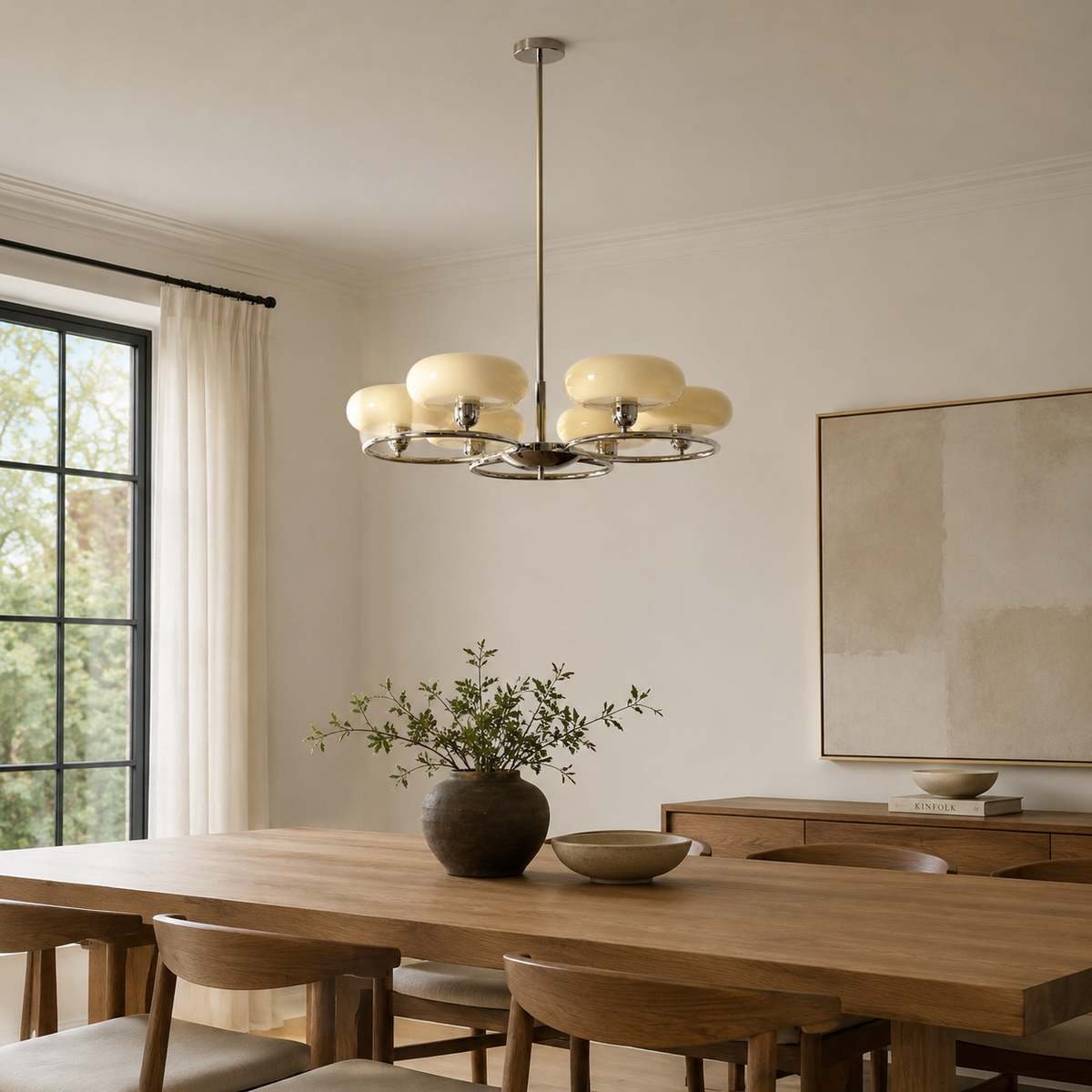 French Retro Glass Shade Chandelier, 6 Light Round