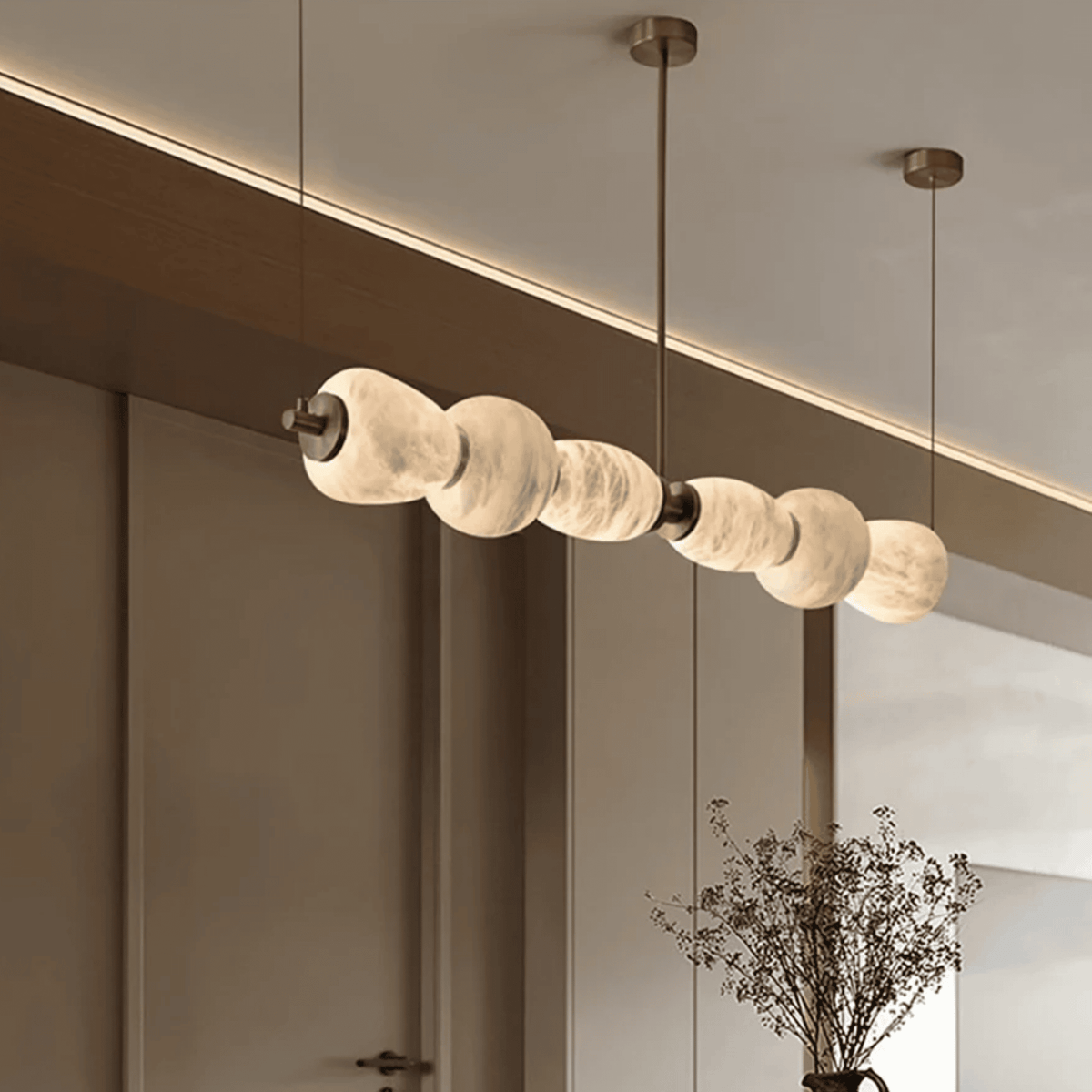 Long Natural Marble Pendant Light with Gold Shade