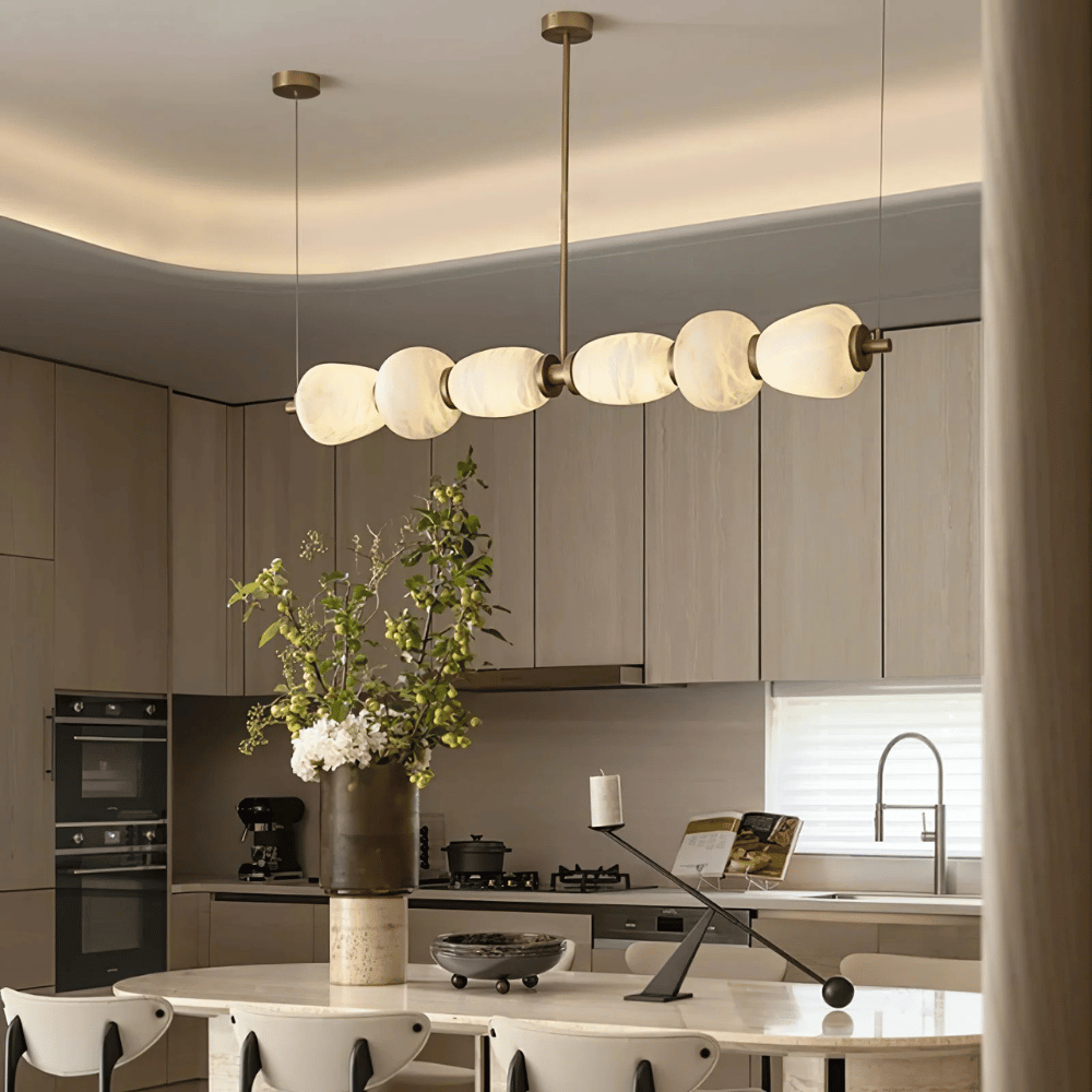 Long Natural Marble Pendant Light with Gold Shade