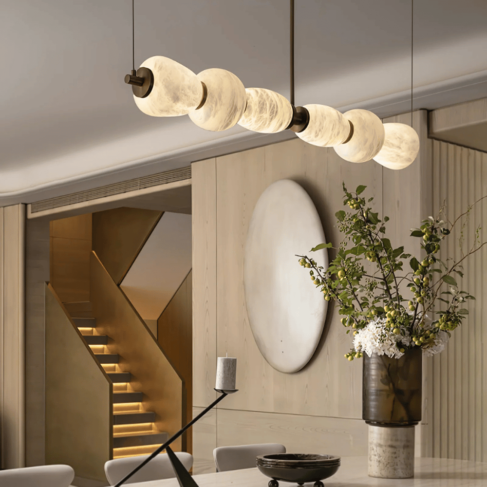 Long Natural Marble Pendant Light with Gold Shade