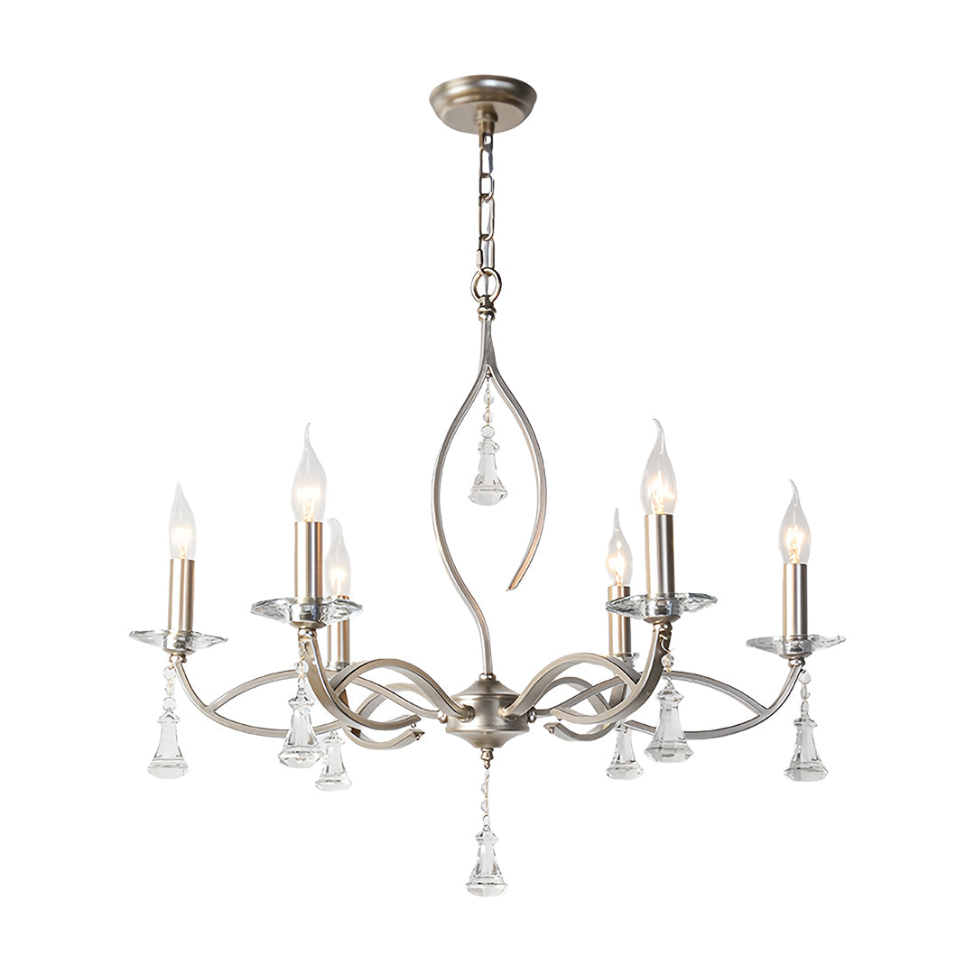Crystal Drop Candle Chandelier, Silver Iron Scroll Arm Ceiling Light 8