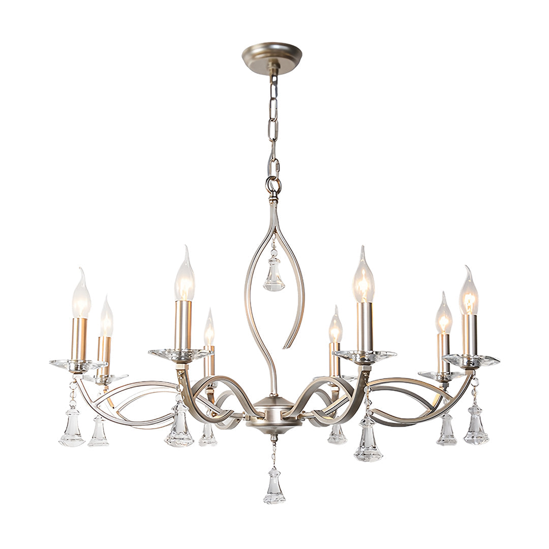 Crystal Drop Candle Chandelier, Silver Iron Scroll Arm Ceiling Light 9